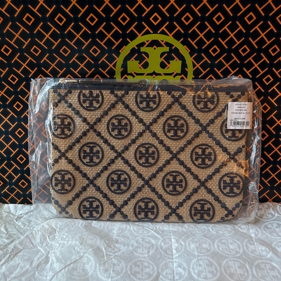 Tory Burch T Monogram Embroidered Straw Pouch Royal Navy - Picture 11 of 11